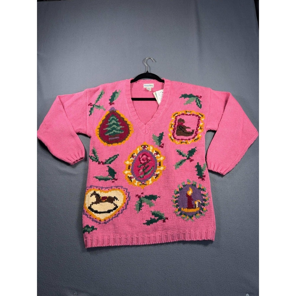 Boundary Waters Sweater XL Pink V-Neck Cottagecore Nature Knit 20x27.5